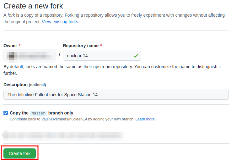 Accept the defaults and click "Create Fork"